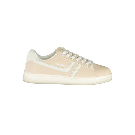 Athletic Sneakers by Ellesse for women in polyester & polyurethane pink & white showcases a architectural silhouette, artfully capturing the essence of the Women's Athletic Polyester & Polyurethane Sneakers with its signature architectural athletic style construction.