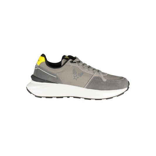Athletic Sneakers by Avirex for men in polyester polyurethane leather gray & yellow features an architectural silhouette from the Men's Athletic Polyester Polyurethane Leather Sneakers collection, showcasing a architectural athletic style for a architectural look.