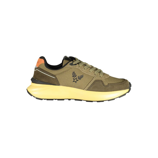 Athletic Sneakers by Avirex for men in polyester polyurethane leather gray, green & yellow showcases a architectural silhouette, artfully capturing the essence of the Men's Athletic Polyester Polyurethane Leather Sneakers with its signature architectural athletic style construction.