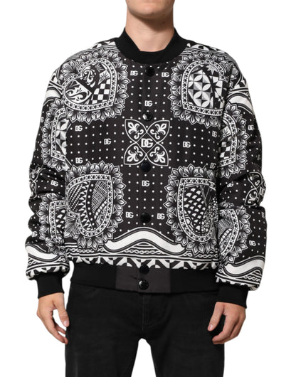 Dolce & Gabbana Men's Blouson Nylon & Polyester Bomber Jacket - Black White Patterned Print