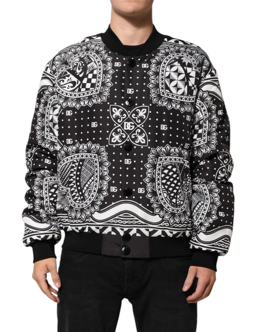 Dolce & Gabbana Men's Blouson Nylon & Polyester Bomber Jacket - Black White Patterned Print