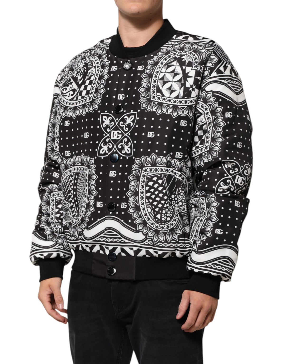 Dolce & Gabbana Men's Blouson Nylon & Polyester Bomber Jacket - Black White Patterned Print
