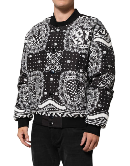 Dolce & Gabbana Men's Blouson Nylon & Polyester Bomber Jacket - Black White Patterned Print