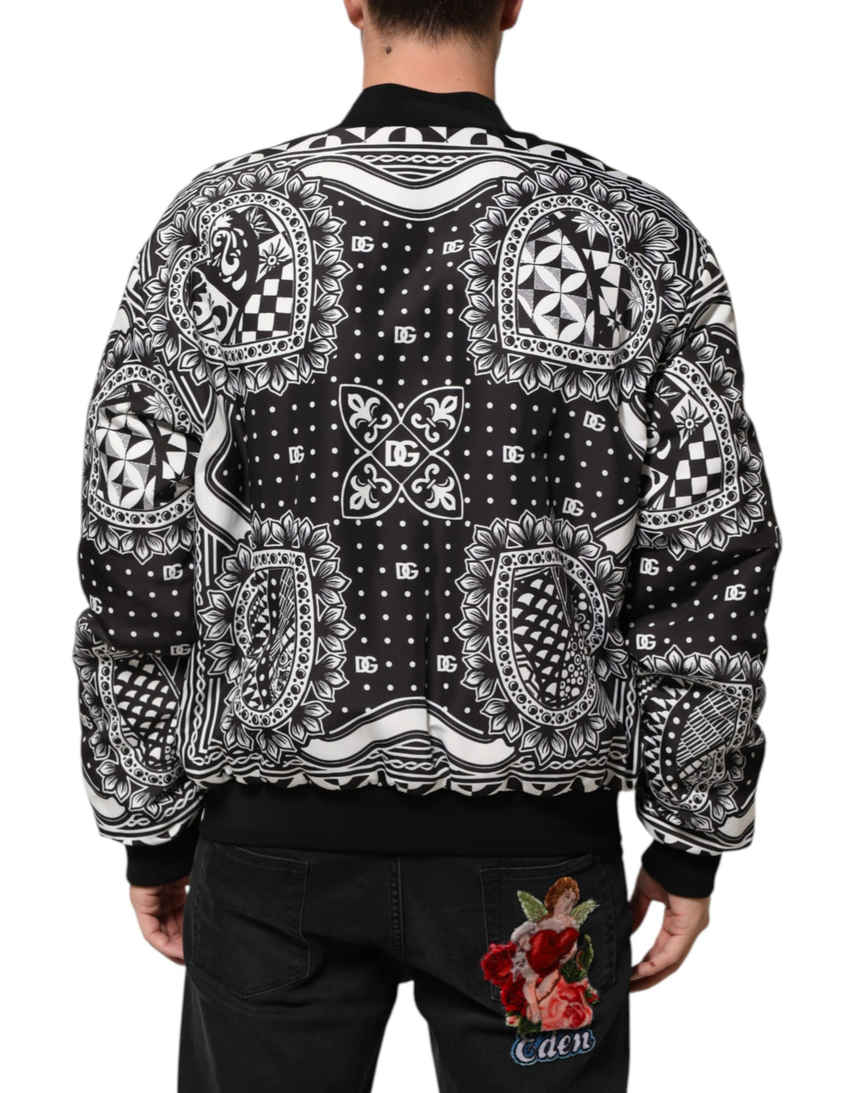 Dolce & Gabbana Men's Blouson Nylon & Polyester Bomber Jacket - Black White Patterned Print