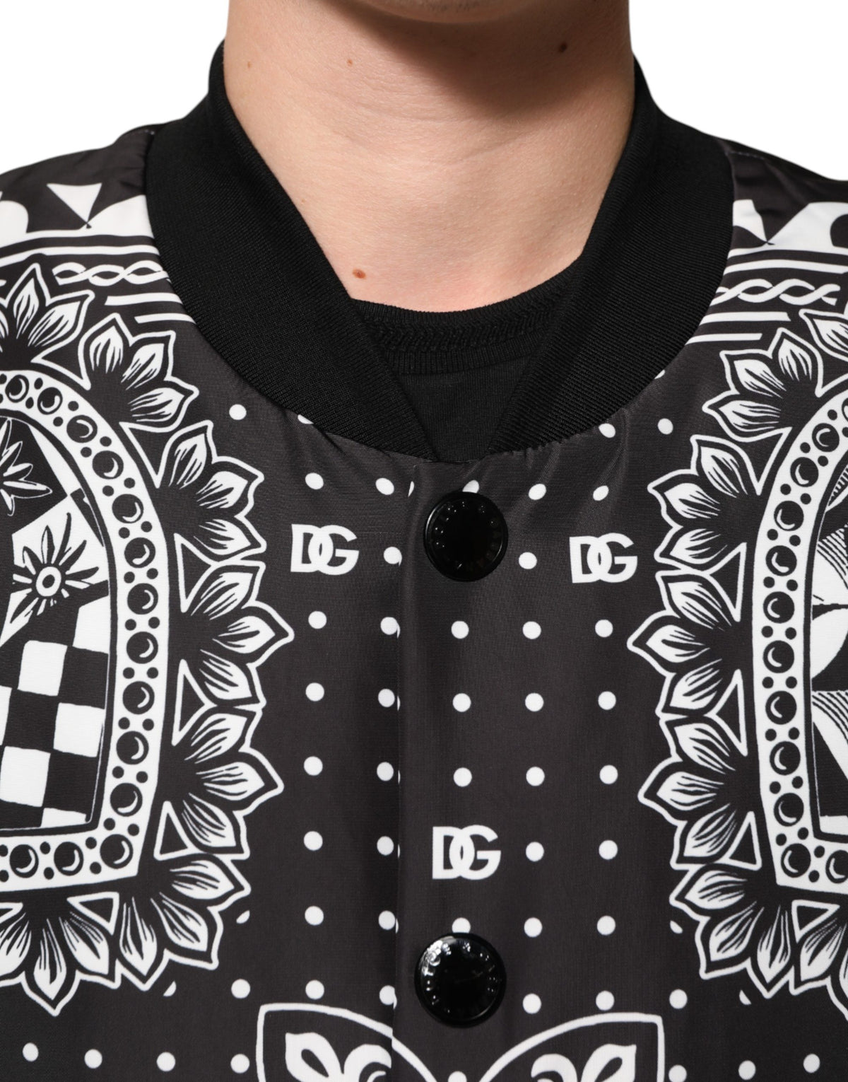 Dolce & Gabbana Men's Blouson Nylon & Polyester Bomber Jacket - Black White Patterned Print