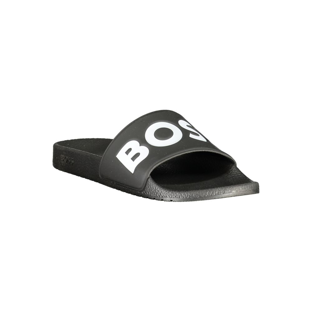 Slider Sandals by Hugo Boss for men in polyester & polyurethane black presents a sculptural silhouette, showcasing the City Men's Polyester & Polyurethane Slider Sandals design with a sculptural and for a premium look.
