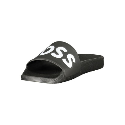 Slider Sandals by Hugo Boss for men in polyester & polyurethane black features an architectural silhouette, showcasing the architectural City Men's Polyester & Polyurethane Slider Sandals with a and .