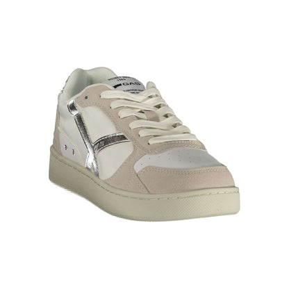 Athletic Sneakers by Gas for women in polyester & polyurethane silver & white features an architectural silhouette, showcasing the premium athletic style of the Crisp Women's Athletic Polyester & Polyurethane Sneakers with an architectural finish.