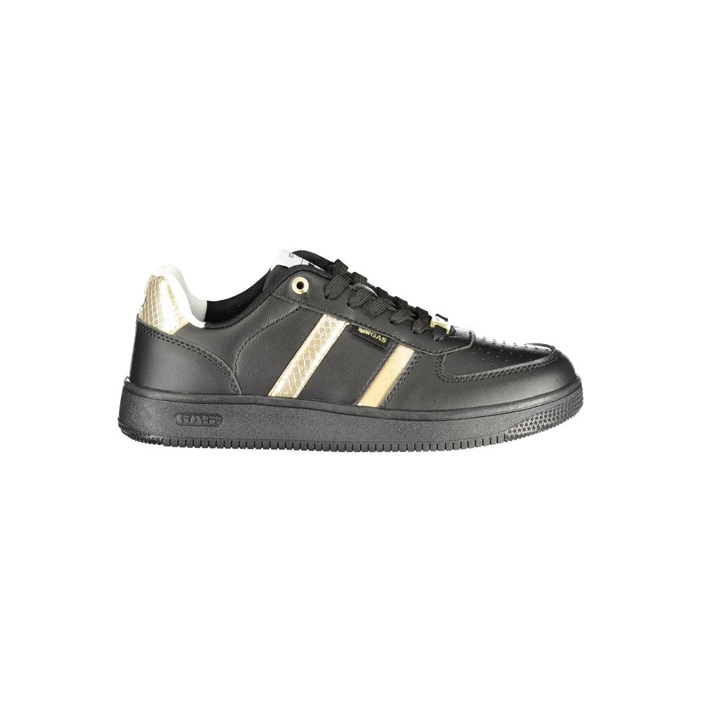 Athletic Sneakers by Gas for women in polyester python leather black, gold & print features an stately silhouette, showcasing the signature athletic style of the Women's Athletic Polyester Python Leather Sneakers collection with a truly stately finish.