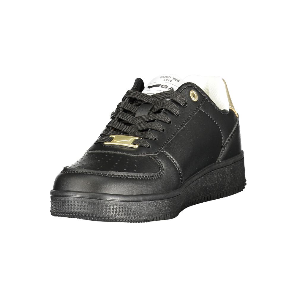 Athletic Sneakers by Gas for women in polyester python leather black, gold & print features an stately silhouette, showcasing the signature athletic style of the Women's Athletic Polyester Python Leather Sneakers collection with a truly stately finish.
