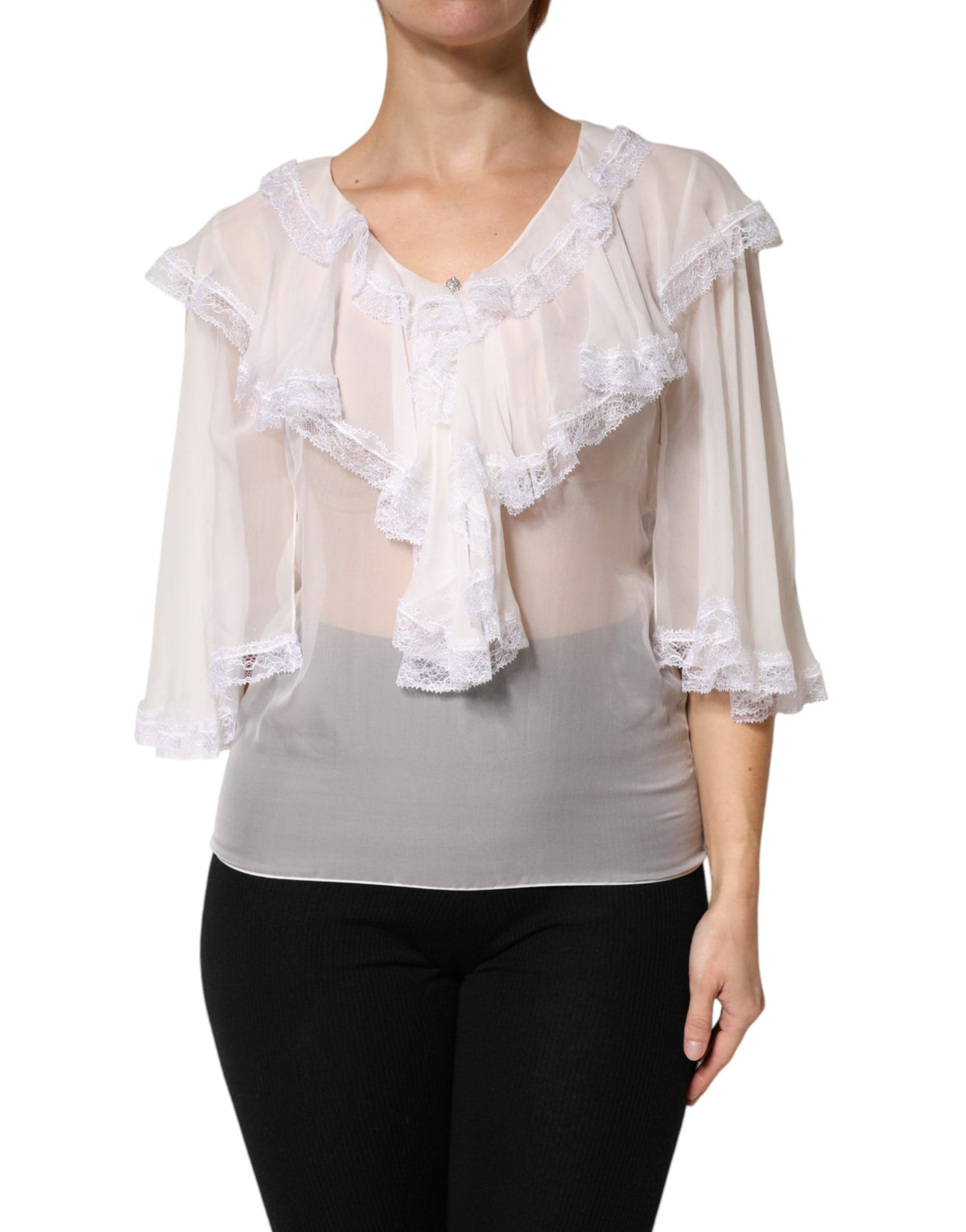 Dolce & Gabbana Crisp Women's Long-Sleeve Lace Nylon Silk & Viscose Blouse - White Patterned