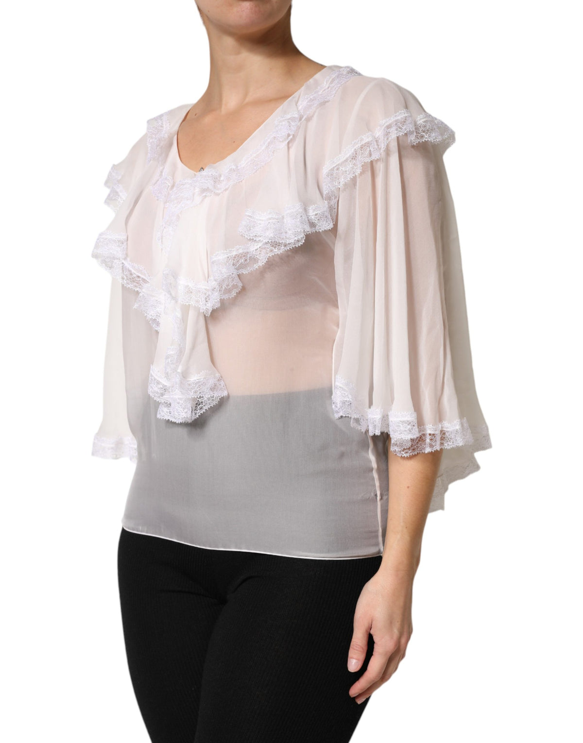 Dolce & Gabbana Crisp Women's Long-Sleeve Lace Nylon Silk & Viscose Blouse - White Patterned
