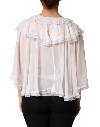 Dolce & Gabbana Crisp Women's Long-Sleeve Lace Nylon Silk & Viscose Blouse - White Patterned