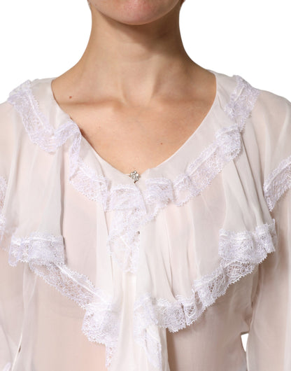 Dolce & Gabbana Crisp Women's Long-Sleeve Lace Nylon Silk & Viscose Blouse - White Patterned