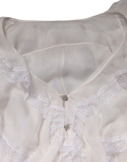 Dolce & Gabbana Crisp Women's Long-Sleeve Lace Nylon Silk & Viscose Blouse - White Patterned