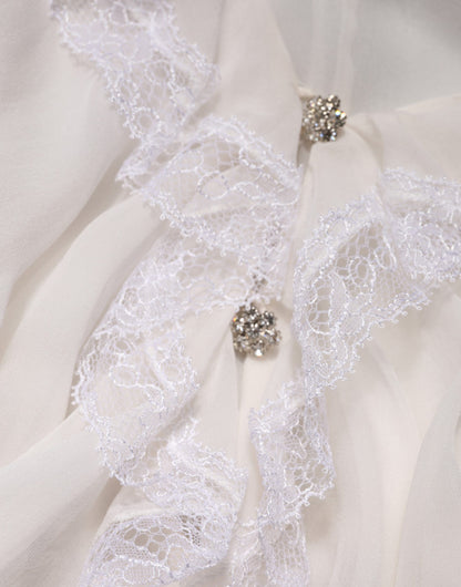 Dolce & Gabbana Crisp Women's Long-Sleeve Lace Nylon Silk & Viscose Blouse - White Patterned