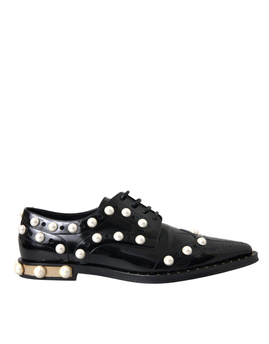 Dolce & Gabbana Black Leather Faux Pearl Dress Brogue Shoes