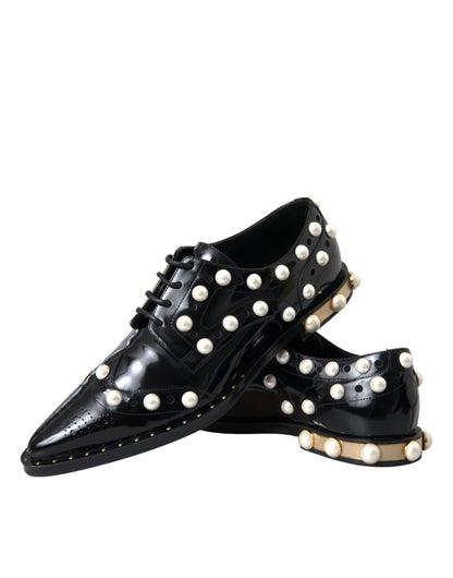 Dolce & Gabbana Black Leather Faux Pearl Dress Brogue Shoes