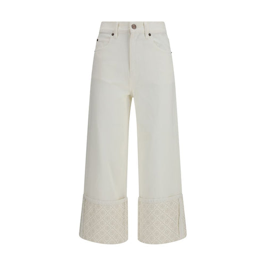 Jeans by Tory Burch for women in denim cotton white, patterned, signature & monogram features a refined silhouette with a refined straight-leg, regular-fit & wide, defined by a and a refined long for a refined finish.