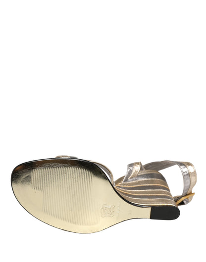 Dolce & Gabbana Gold Silver Leather Wedge Heels Sandals Shoes