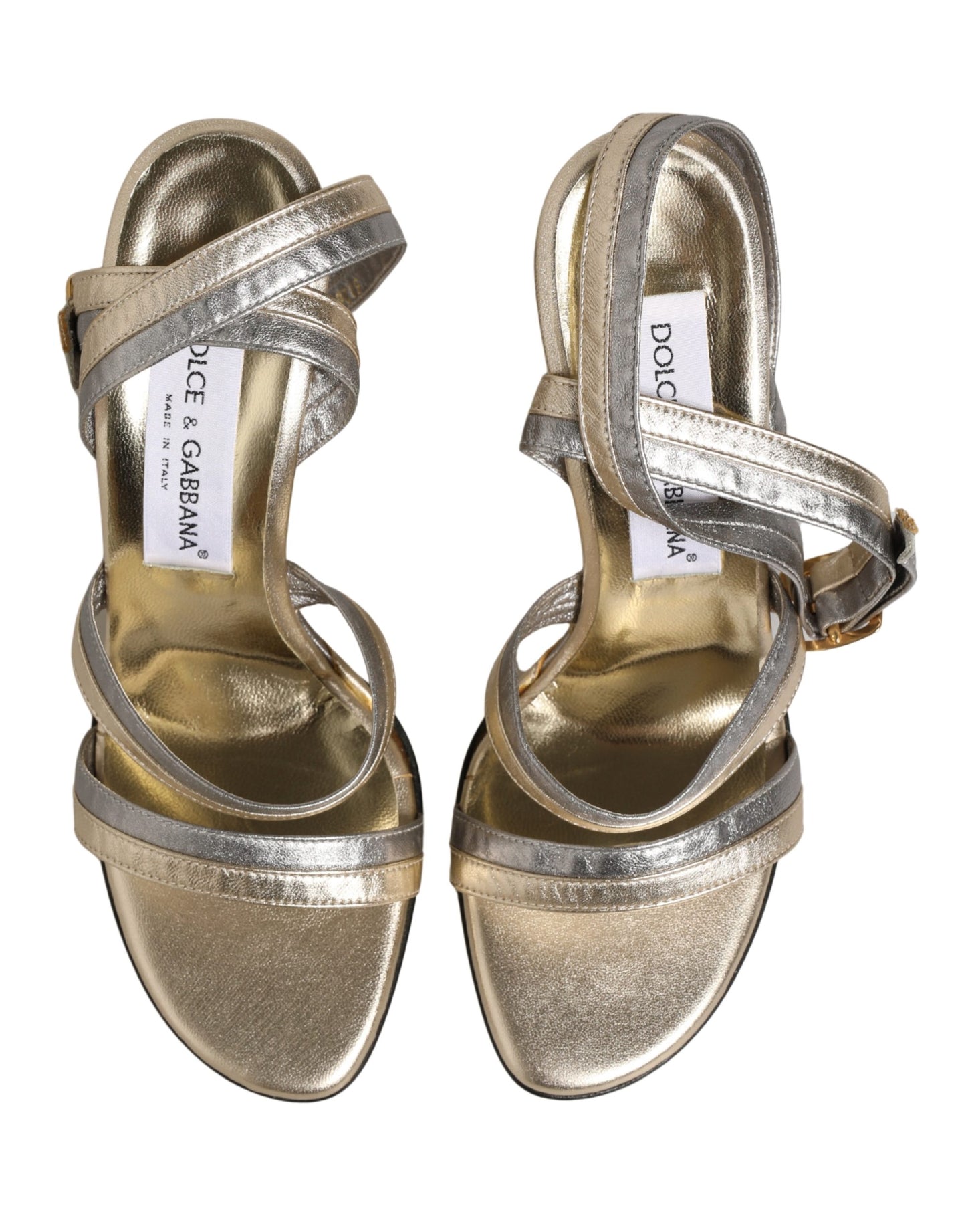 Dolce & Gabbana Gold Silver Leather Wedge Heels Sandals Shoes
