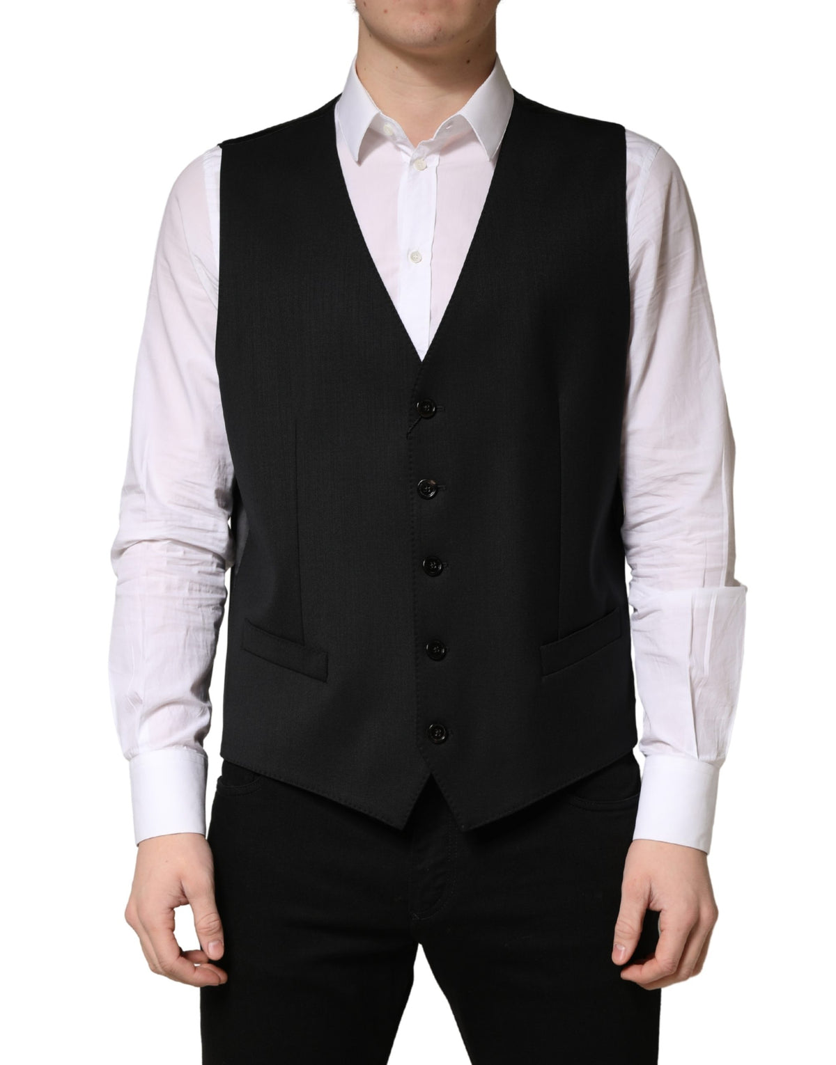 Dolce & Gabbana Men's Single Breasted Flax Nylon Silk & Virgin Wool Vest - Black