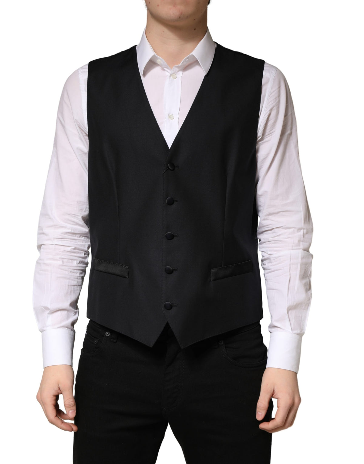 Dolce & Gabbana Men's Single Breasted Flax Nylon Silk & Virgin Wool Vest - Black