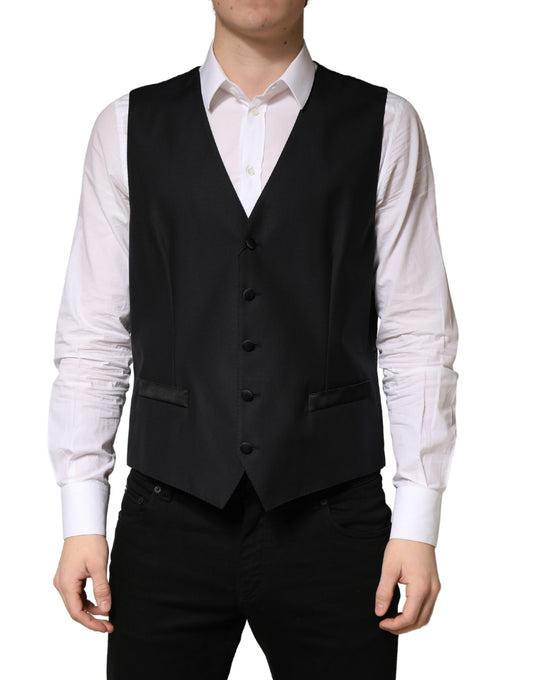Dolce & Gabbana Men's Single Breasted Flax Nylon Silk & Virgin Wool Vest - Black