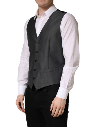 Dolce & Gabbana Men's Single Breasted Virgin Wool & Silk Vest - Black Dark Gray