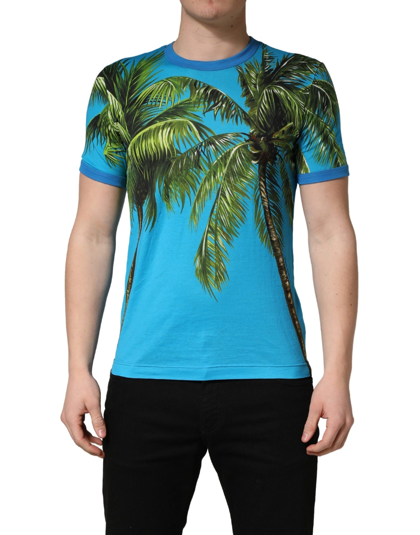 Dolce & Gabbana Blue Palm Tree Print Cotton CrewNeck T-shirt