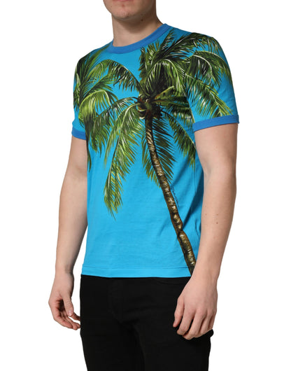 Dolce & Gabbana Blue Palm Tree Print Cotton CrewNeck T-shirt