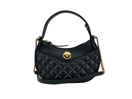 Versace Quilted Black Leather Half Moon Chain Crossbody Bag