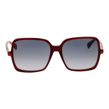 Sunglasses by Max Mara for women in acetate and burgundy featuring an opulent full-rim square frame design with a sophisticated burgundy coloured frame finish and high-performance gradient category-2-medium-tint lens.