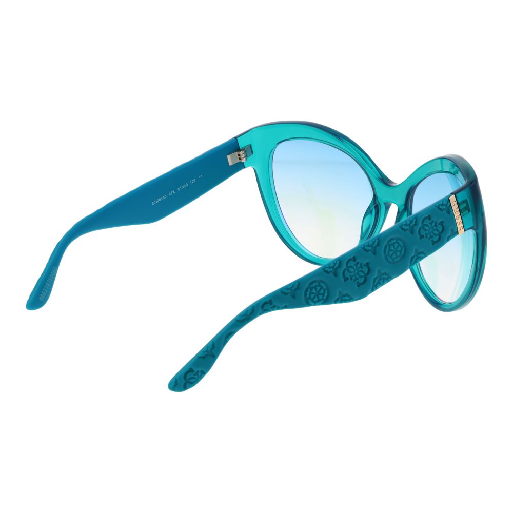 This Sunglasses by Guess for women in cotton polyester blue & turquoise presents a sumptuous silhouette, showcasing a sumptuous butterfly full-rim frame design in turquoise coloured frame and high-performance category-1-light-tint mirrored lens.