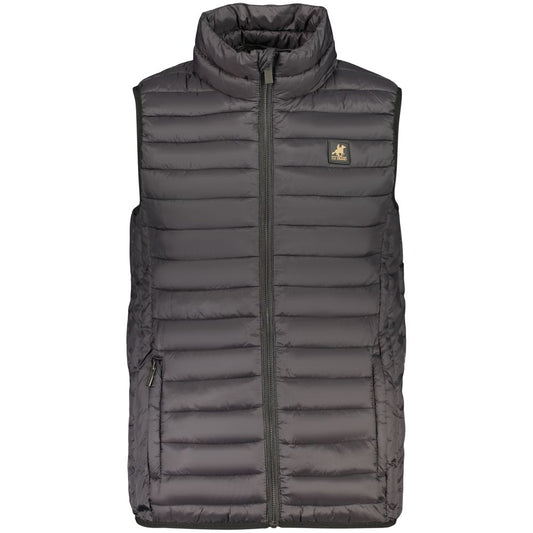 Vest by U.S. Grand Polo for men in stretch polyester cotton black, blue & print showcases a utilitarian silhouette, artfully incorporating and a utilitarian for a truly utilitarian finish.