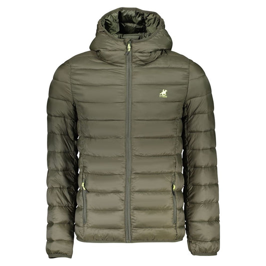 Hooded Windbreaker Jacket by U.S. Grand Polo for men in poly cotton black, green & print presents a resilient silhouette, artfully detailed with a sophisticated hooded neckline and functional pockets, hooded & windproof for a resilient finish.