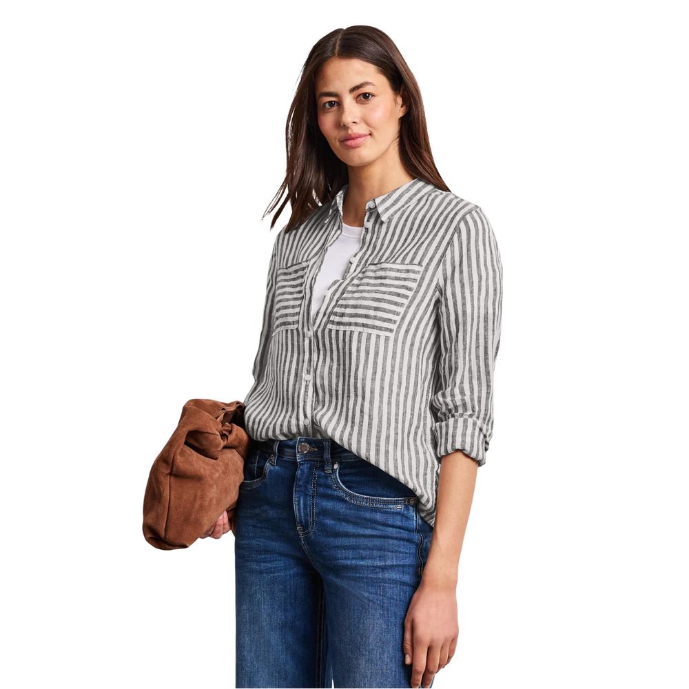 Shirt by Street One for women in linen brown & striped presents a discerning silhouette, showcasing a sophisticated shirt-collar neckline and for a truly discerning finish.