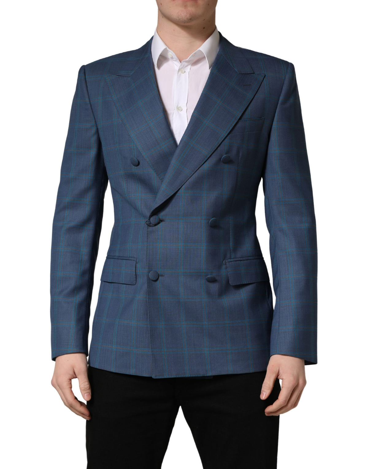 Blazer by Dolce & Gabbana for men in virgin wool viscose & acetate blue & checked presents a distinguished silhouette, detailed with a distinguished double-breasted neckline and distinctive for a truly sophisticated finish.