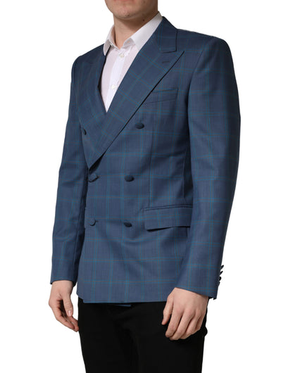 Blazer by Dolce & Gabbana for men in virgin wool viscose & acetate blue & checked features an sartorial silhouette, showcasing a sophisticated double-breasted neckline and sartorial for a truly sartorial finish.