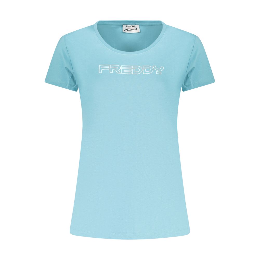 Activewear T-Shirt by Freddy for women in cotton blue & print features a versatile silhouette, showcasing a versatile wide-neck neckline and detailed with high-performance for a premium look.
