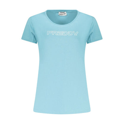 Activewear T-Shirt by Freddy for women in cotton blue & print features a versatile silhouette, showcasing a versatile wide-neck neckline and detailed with high-performance for a premium look.