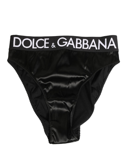 Dolce & Gabbana Black Satin High-Waist Brief Logo Women Underwear