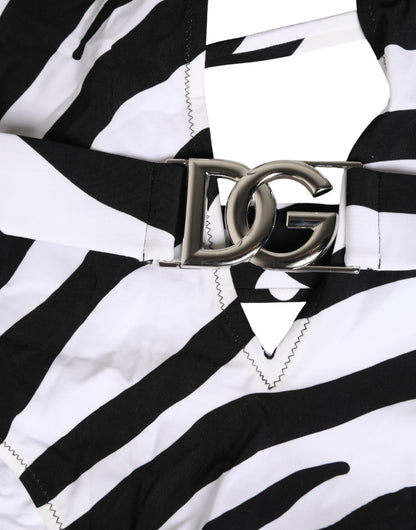 Dolce & Gabbana Black White Zebra Deep V-Neck One Piece Swimwear