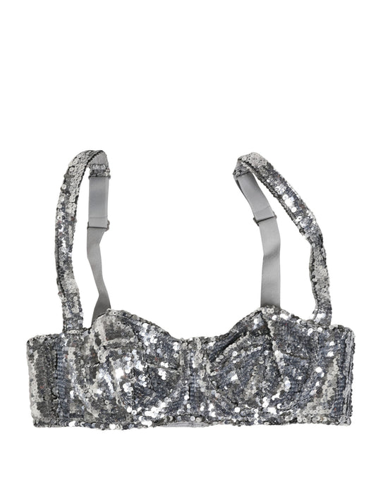 Dolce & Gabbana Silver Sequined Nyon Balconnet Bra Underwear