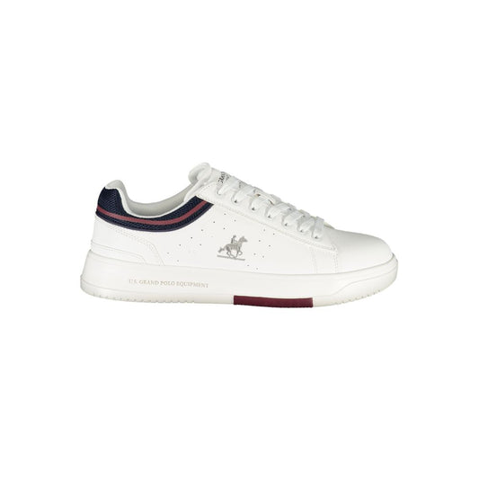 Athletic Sneakers by U.S. Grand Polo for men in polyester & polyurethane white & print features an architectural silhouette, showcasing the premium athletic style of the Men's Athletic Polyester & Polyurethane Sneakers with an architectural finish.
