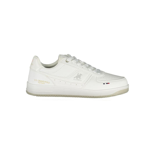 Athletic Sneakers by U.S. Grand Polo for men in polyester & polyurethane white, signature-print & print showcases a architectural silhouette, artfully capturing the essence of the Men's Athletic Polyester & Polyurethane Sneakers with its signature architectural athletic style construction.