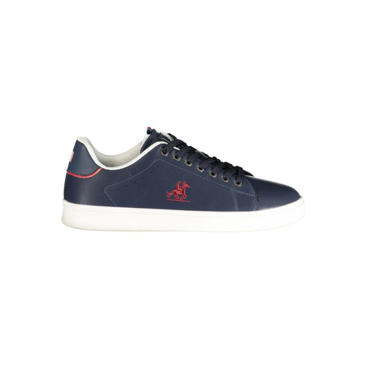 Athletic Sneakers by U.S. Grand Polo for men in polyester & polyurethane blue, red & print features an architectural silhouette from the Men's Athletic Polyester & Polyurethane Sneakers collection, showcasing a architectural athletic style for a architectural look.