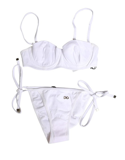 Dolce & Gabbana White Nylon Bikini Logo Plaque 2 Piece Swimwear