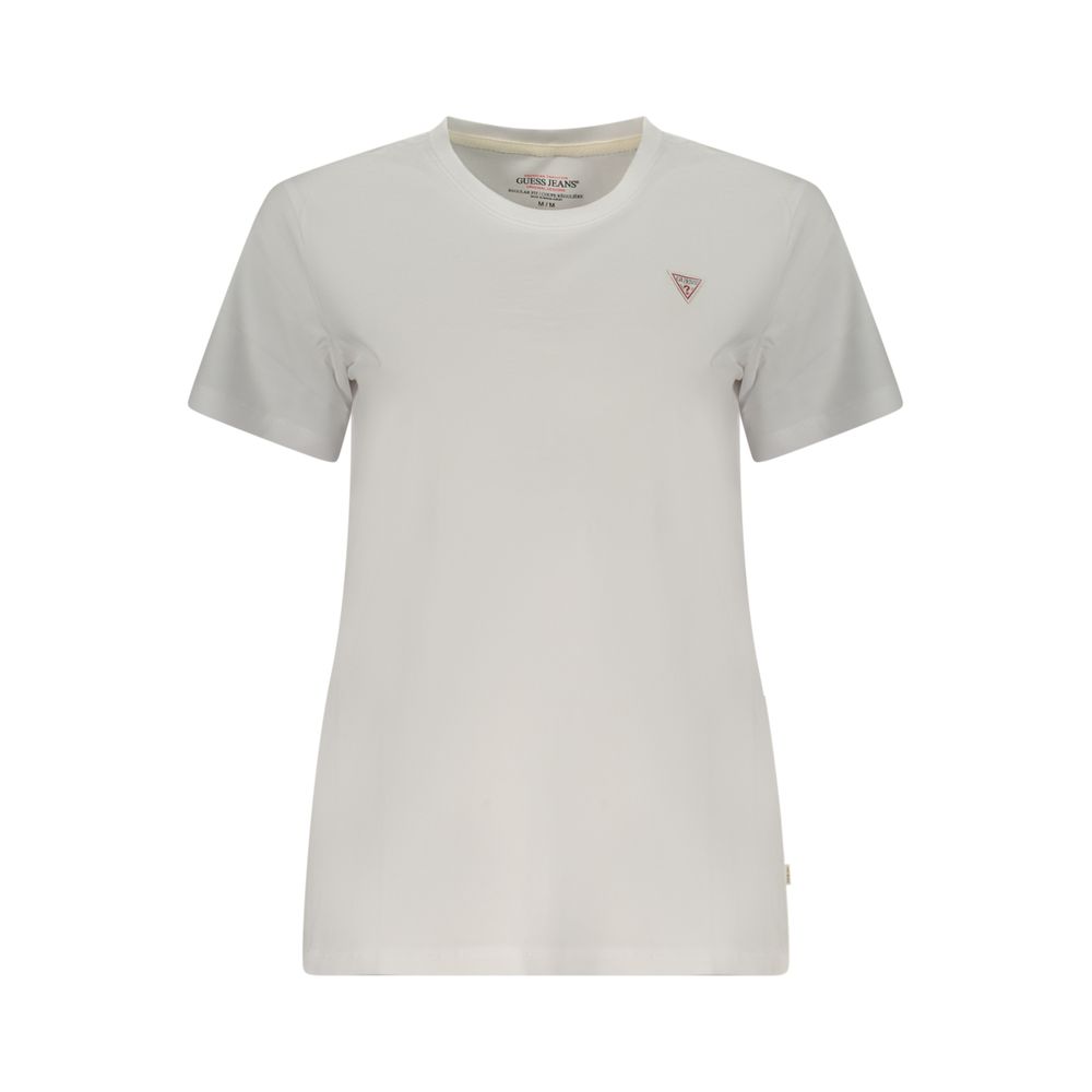 T-Shirt by Guess Jeans for women in organic cotton white showcases a fashionable silhouette, elegantly detailed with a fashionable short-sleeve and crew neckline for a sophisticated, high-fashion look.