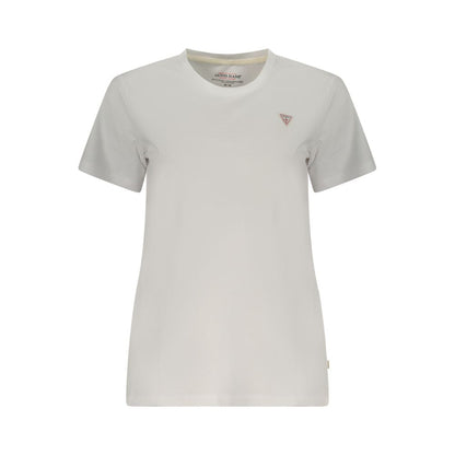 T-Shirt by Guess Jeans for women in organic cotton white showcases a fashionable silhouette, elegantly detailed with a fashionable short-sleeve and crew neckline for a sophisticated, high-fashion look.